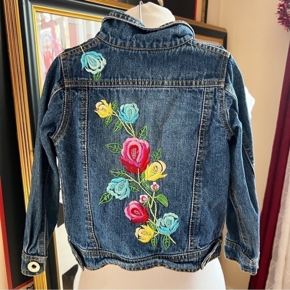 Mim-Pi: Multicolored Back Floral Embroidered Button Up Jean Denim Jacket Size 4Y - Picture 1 of 10